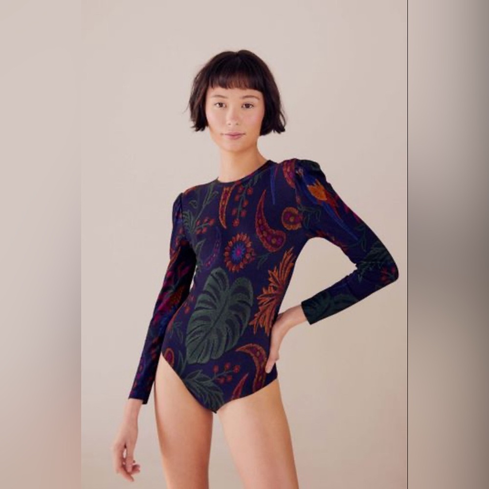 FARM Rio Navy Multicolor Floral Paisley Long-Sleeve Bodysuit